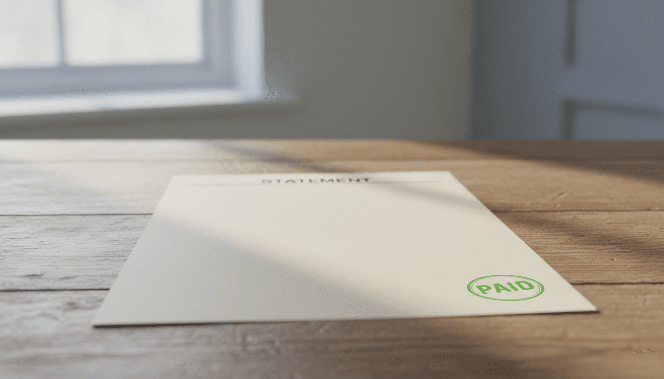 A consumer reviewing a printed credit report at a kitchen table next to a paid-in-full debt receipt.