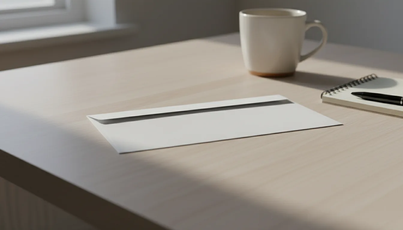 Unopened collection letter on a kitchen table, morning light.