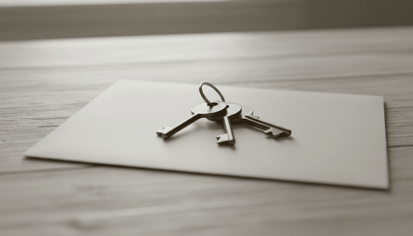 A house key resting on a folded residential lease, suggesting the moment a tenant returns the keys at move-out.