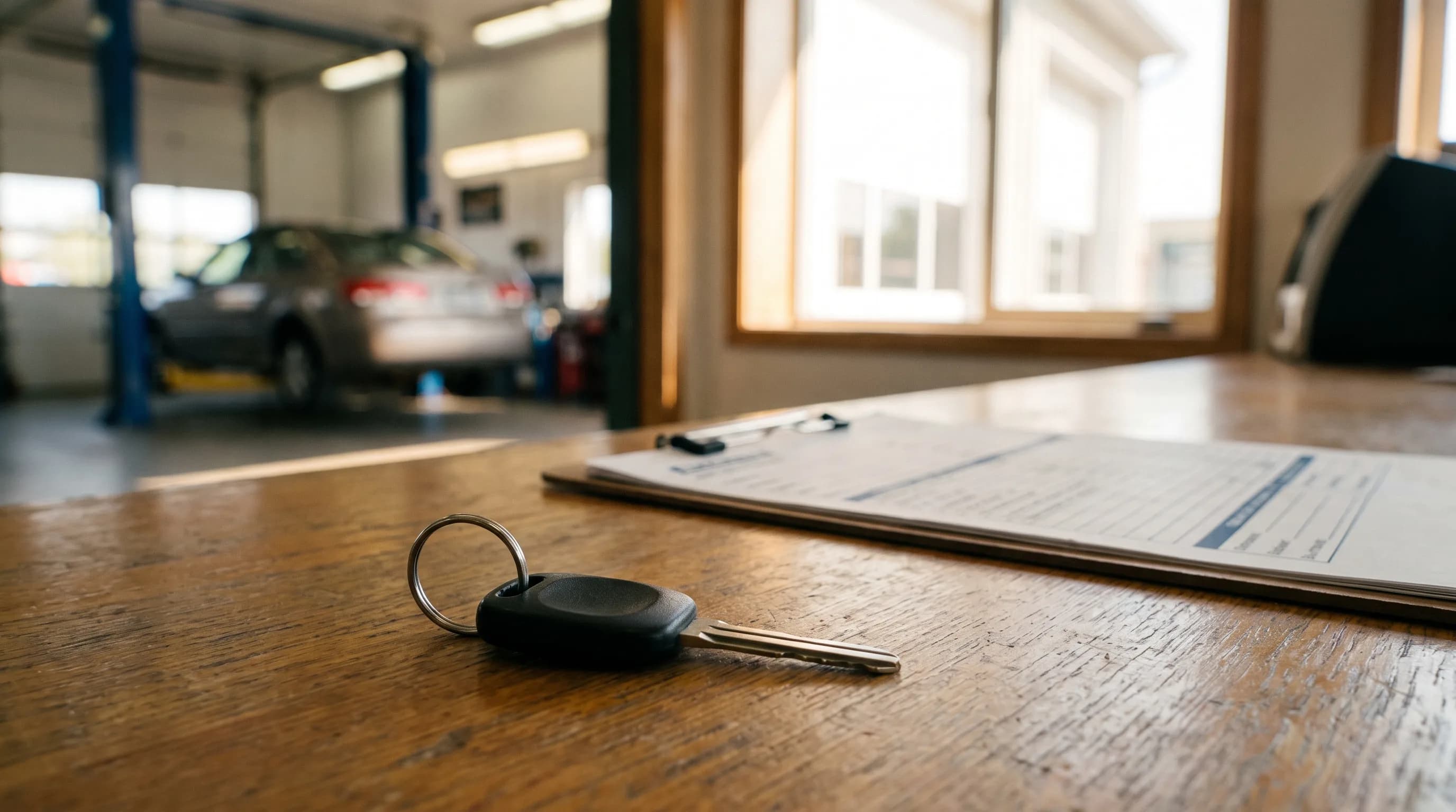 A clean auto repair shop counter in soft daylight with a car key ring resting beside a printed estimate form.