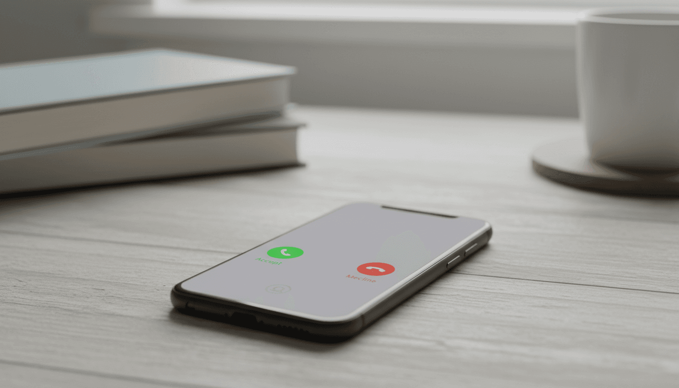 A smartphone on a desk showing an incoming call from a local-looking area code.