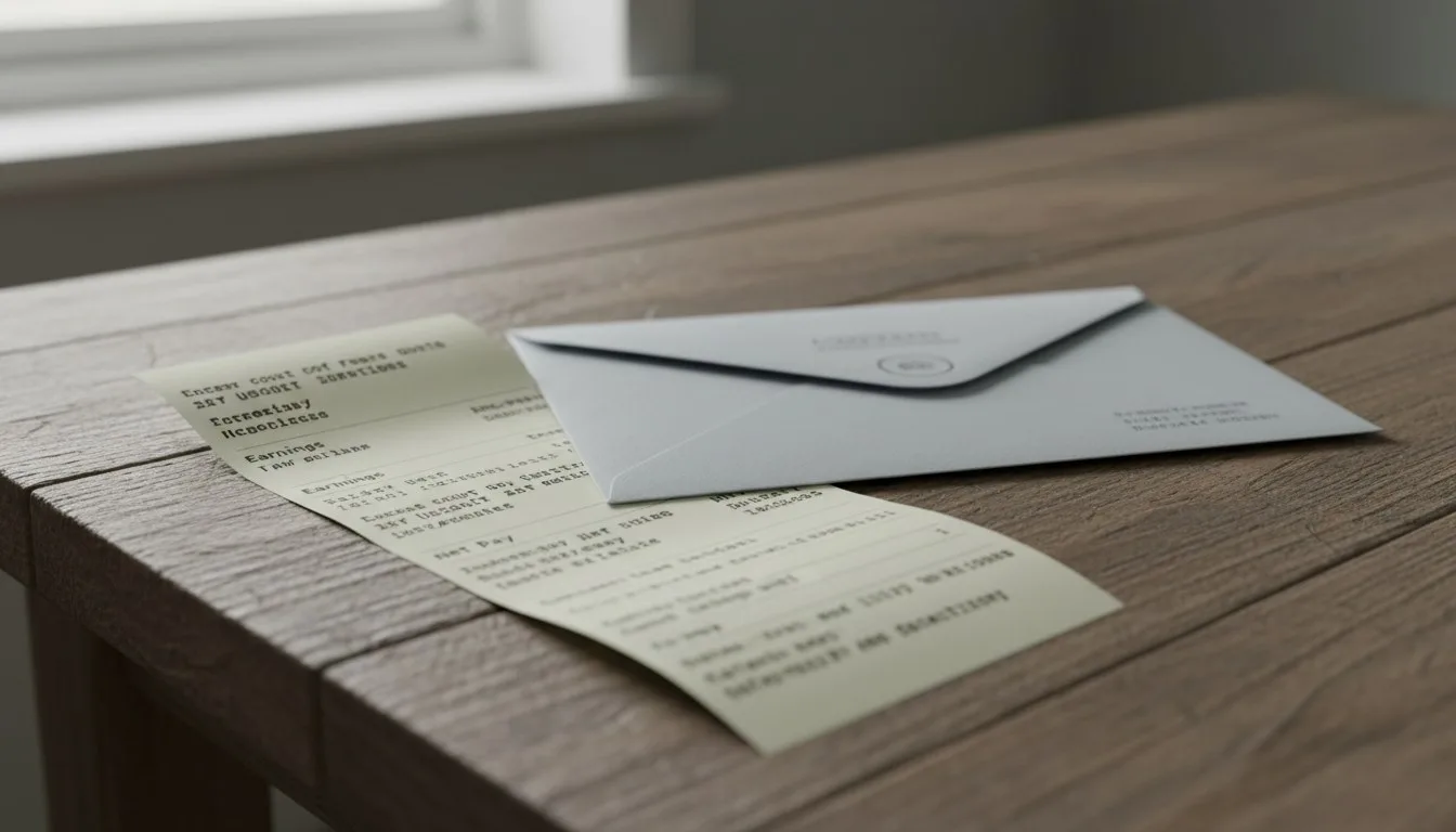 A pay stub and a court-style envelope on a kitchen table in soft natural light.