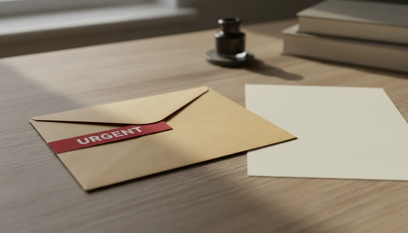 An unopened envelope with a red URGENT band beside a folded letter, representing receipt of a wage garnishment notice.