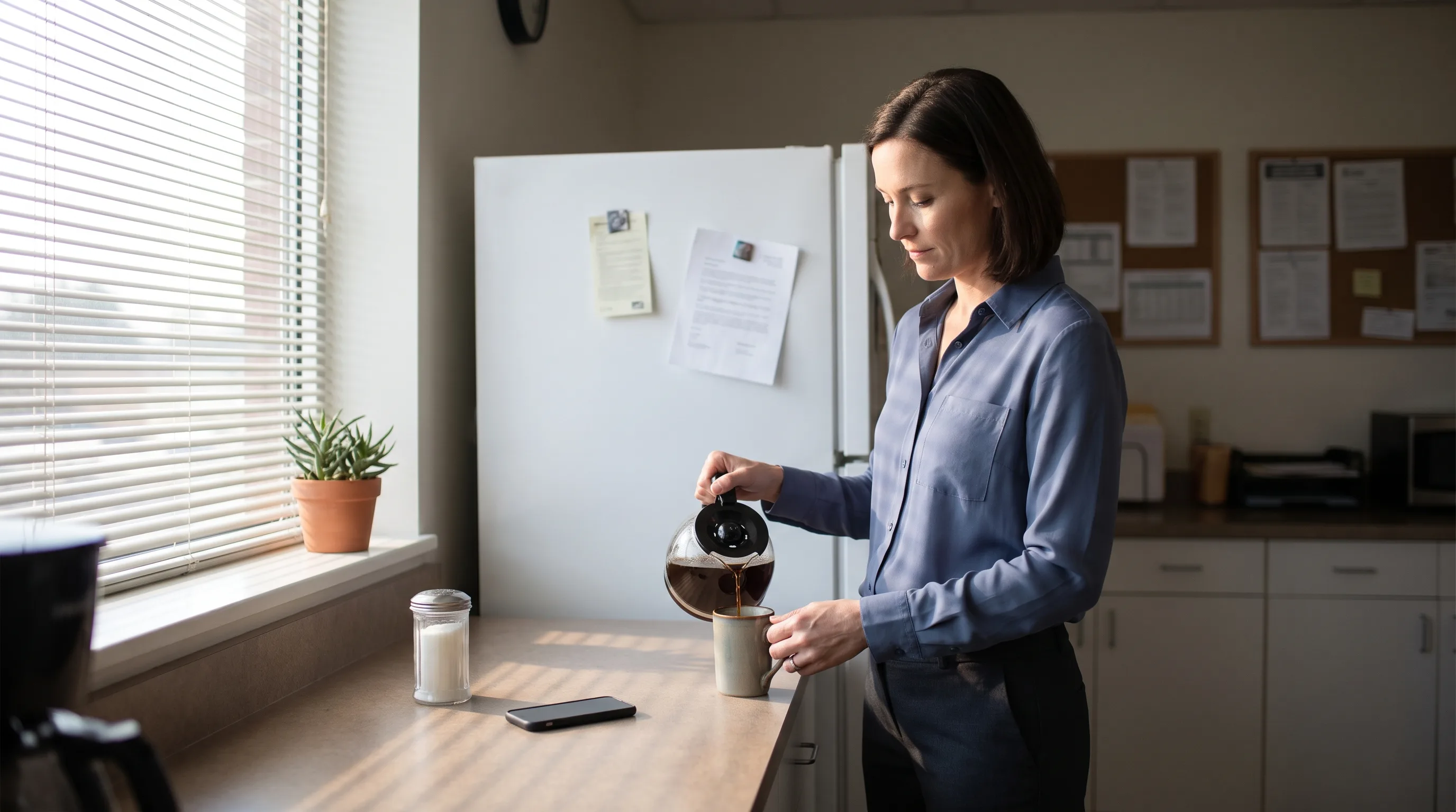 An office break room in daylight. A person pours coffee as a phone rests on the counter.