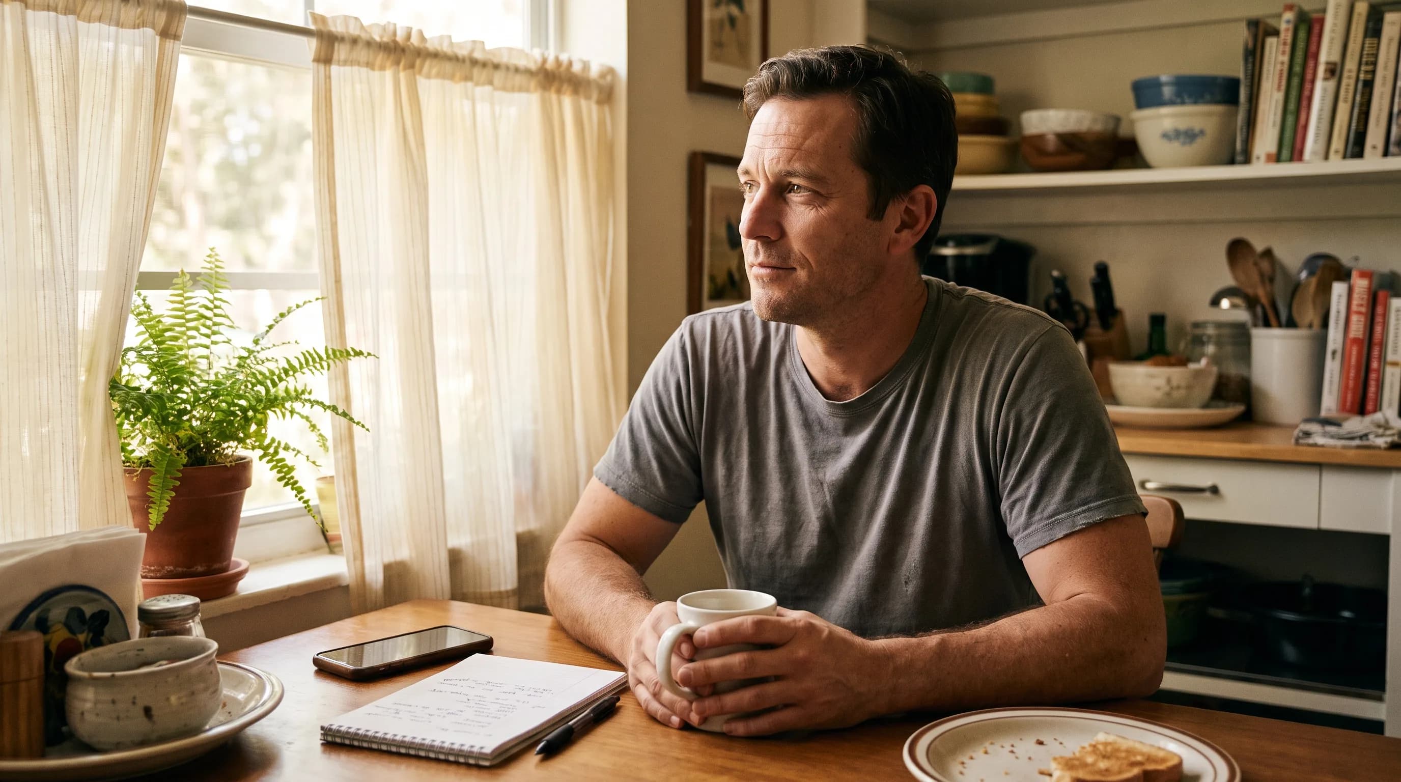 A person at a kitchen table in morning light, phone face down beside a coffee cup and a notepad.