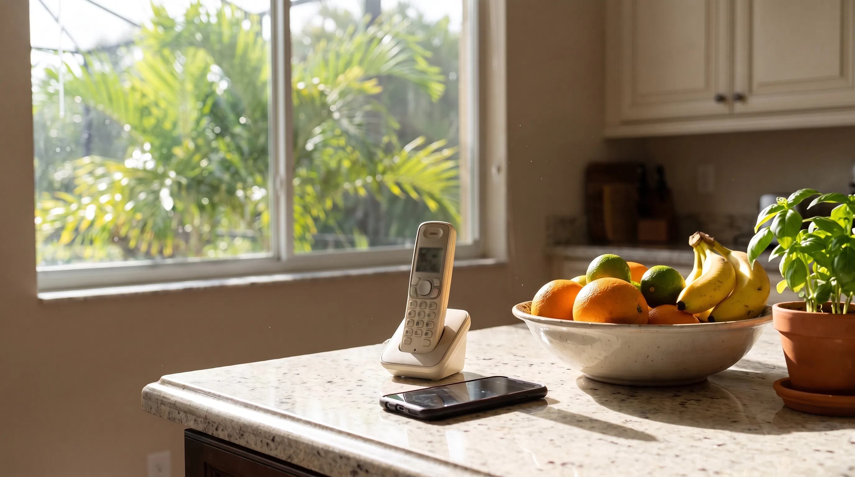 A home phone and a cell phone side by side on a sunny kitchen counter next to a fruit bowl.