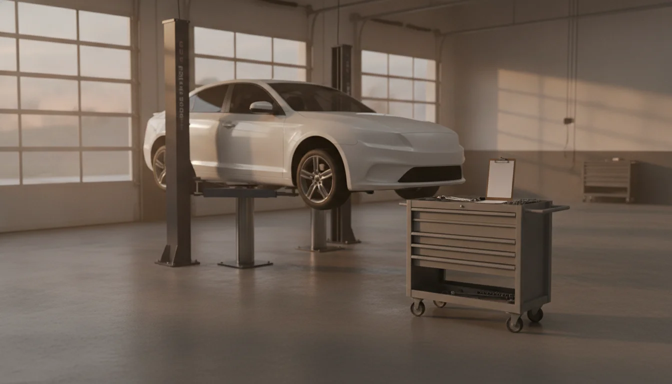 A quiet car service bay in soft daylight, with a new white car raised on a lift and a tool cart holding a clipboard beside it.