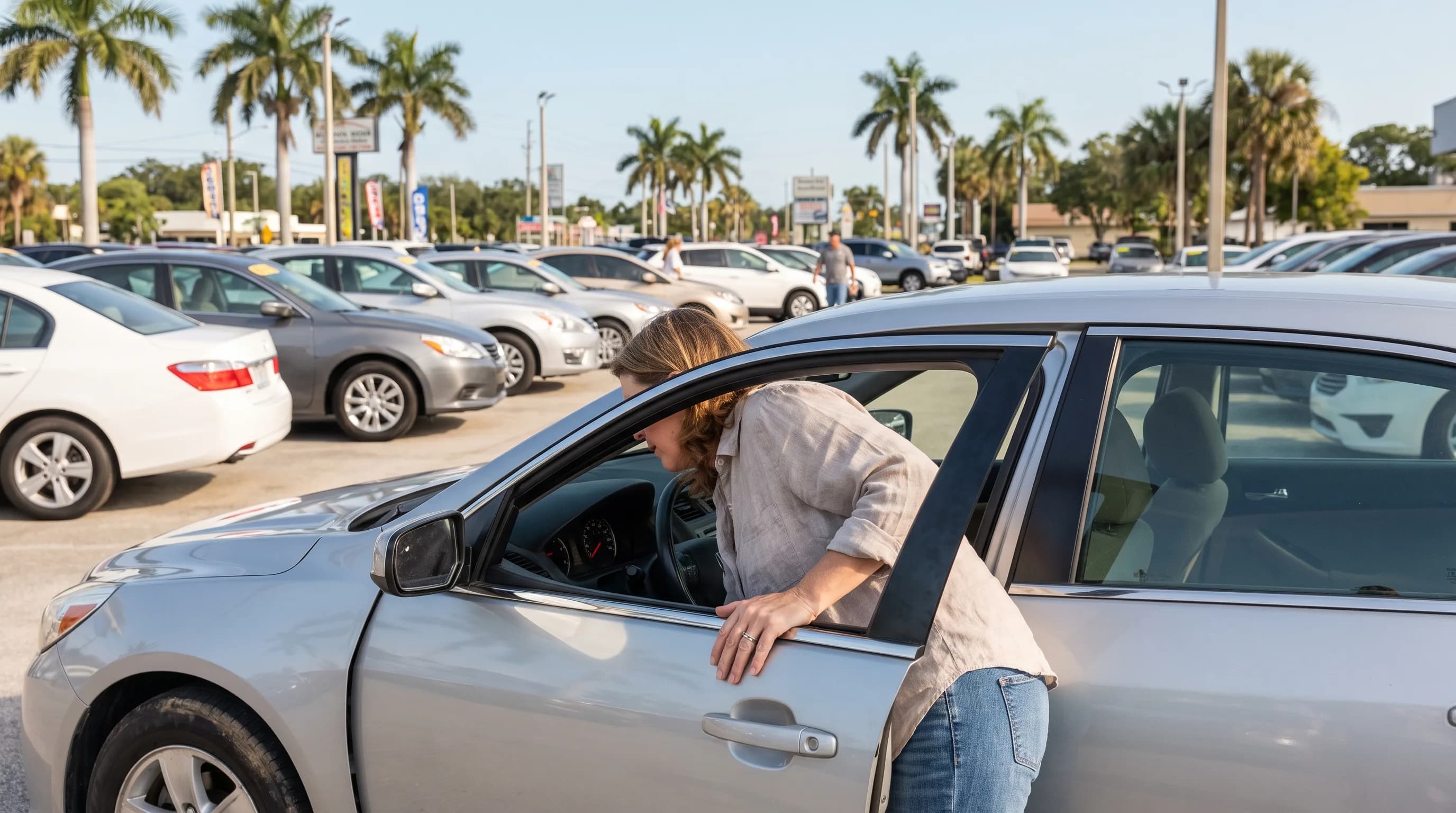 A bright, ordinary used-car lot at midday. A buyer leans in to read a sedan's dashboard.