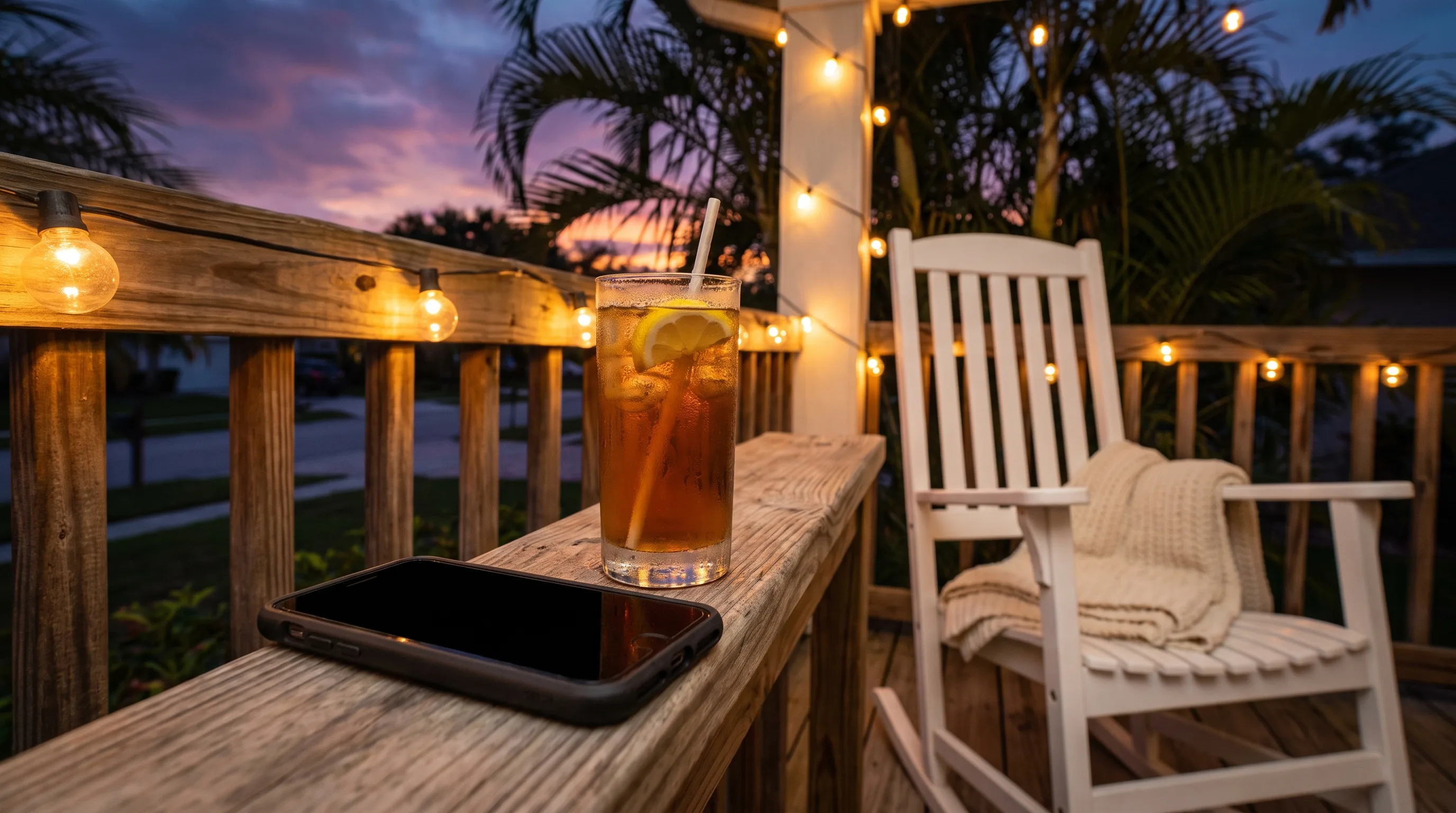 A phone resting on a porch railing at dusk, screen dark, a glass of iced tea beside it.