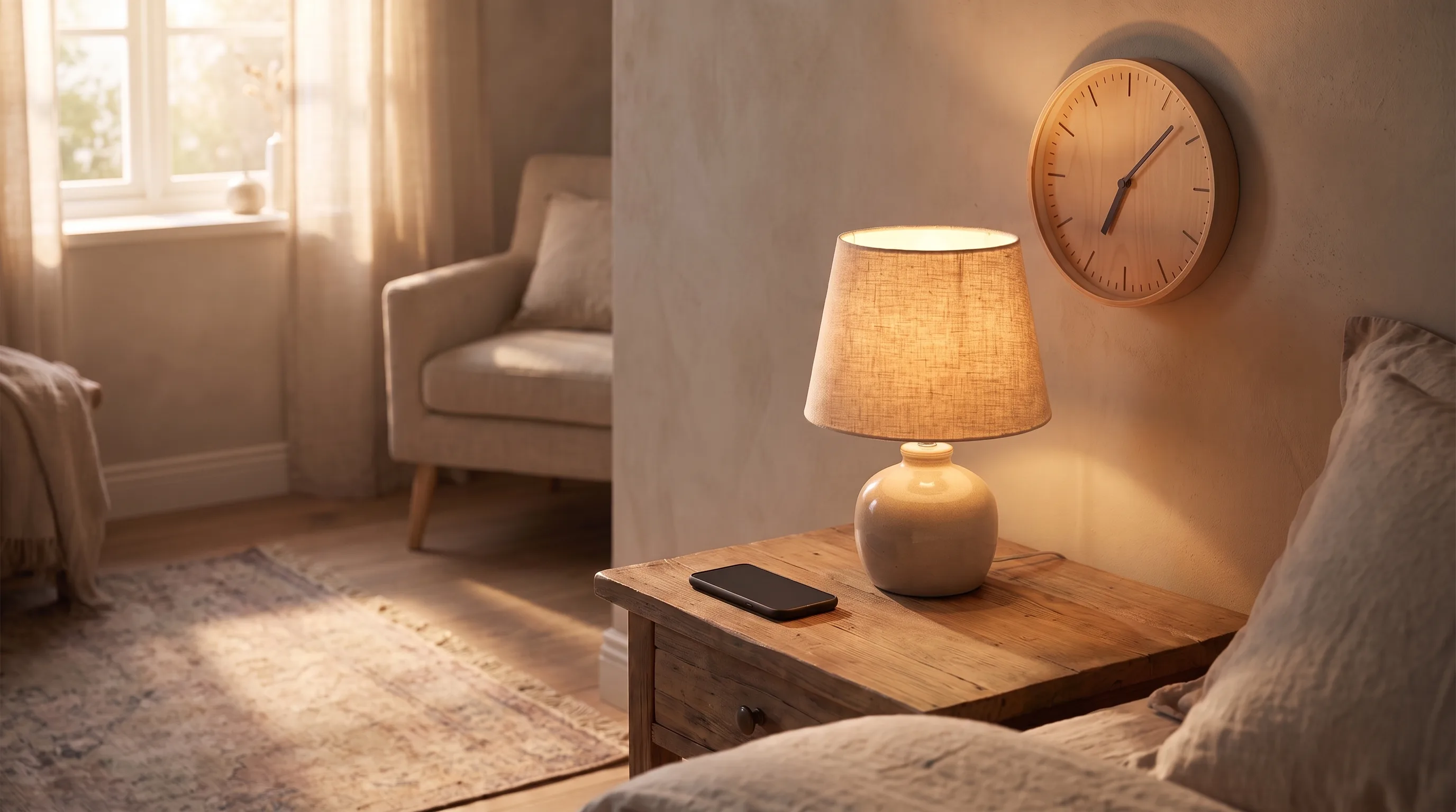 A phone resting face down on a nightstand beside a lamp and a wall clock showing early evening in a quiet home.